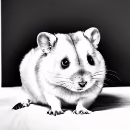 a hamster in black and white looking down