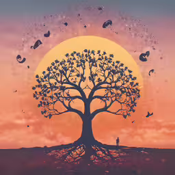 a tree on the side of a hill with birds flying overhead,a silhouetted tree with birds and a full moon behind it