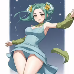 an anime girl wearing short green skirts, in front of a blue background
