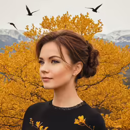 a woman with a black shirt and birds in the background