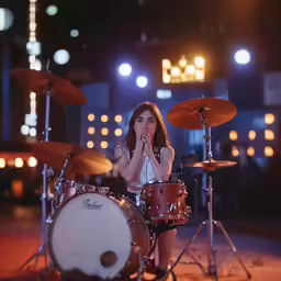 young girl in a white dress sitting behind a drum kit