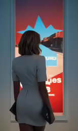 a woman with long hair in front of a painting