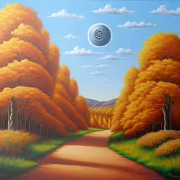 a painting of a pathway with trees around it,a painting is shown of a road through a forest,an artwork depicts a path with trees in the background and a circle in the sky,a painting of a path going to a circle,an abstract painting of a pathway leading into an object hovering above