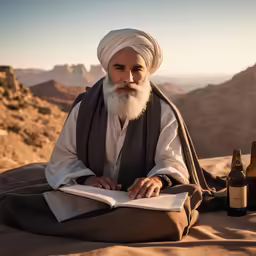 the man is reading a book and resting near a bottle of beer