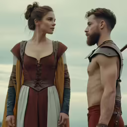 a woman wearing a red and white dress standing next to a man