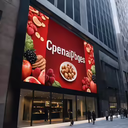 a huge advertisement for food stands in the middle of the street