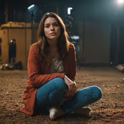 a young woman sits on the ground next to a crate,a young woman crouching on the ground in an empty barn with some light on