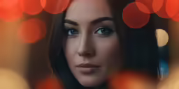 a woman looking to her left with many red balls in the background