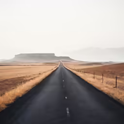 a wide empty road with mountains and fences