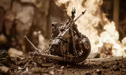 a dead motorcycle with a broken front tire