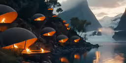 a row of lanterns are lit next to a body of water