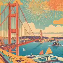 fireworks light the sky over a view of a golden gate bridge