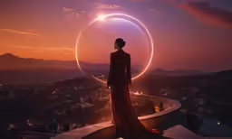 a woman in long dress standing on top of a wall near mountains