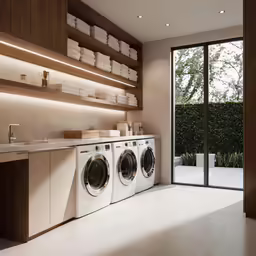 a white room has a bunch of laundry items