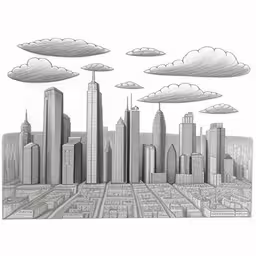 the drawing shows an urban skyline with skyscrapers, clouds and sun in the sky,a pencil drawing of a city skyline