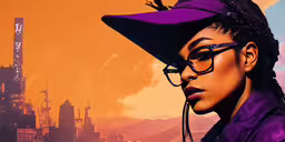 a person wearing glasses and a hat with skyscrapers in the background,woman with glasses and hat in a stylized photograph