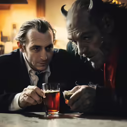 two men looking down at a half full beer