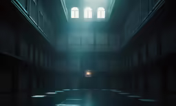 a dimly lit room with three windows