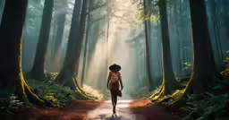 a person is walking down a road through the woods