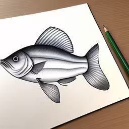 drawing a fish on a sheet of paper,a drawing of a fish on a table