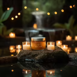 many candles are set up on the rock beside a pond