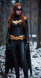 a woman with red hair standing in the snow
