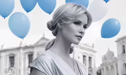 a woman wearing white is posing in front of balloons