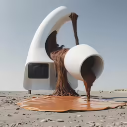 a strange white object in the desert with a wooden plank