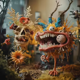 a couple of figurines with teeth and fangs