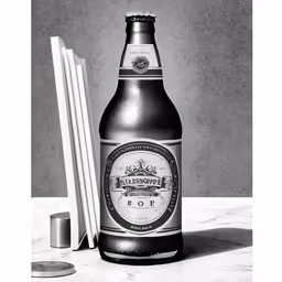 an empty bottle sitting next to two drinking straws