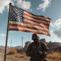 a man in an american flag uniform holds a machine gun