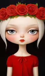 a young lady with blue eyes is adorned with flowers