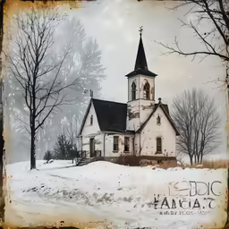 an old church with snow on the ground and trees