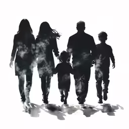 silhouettes of two adults and a child walking on a white surface