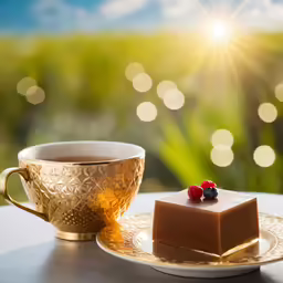 a piece of cake next to a coffee cup and saucer