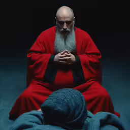 a bearded man with a white beard sitting on the ground next to another person