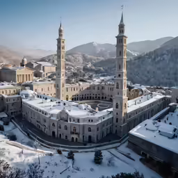 a snow covered building with towers in the middle
