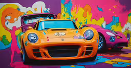 two colorful sports cars parked in front of a graffiti - filled wall,cars in a brightly painted area are shown