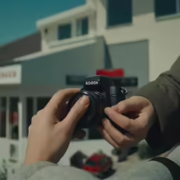 a person holding a camera in front of a store
