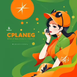 an illustration of a girl with oranges talking on a cell phone