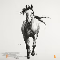 black and white horse running with dust all over its legs