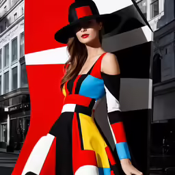 woman with a black and red hat in front of a giant flag