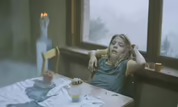 a little girl looking out of a window with her hands behind her head