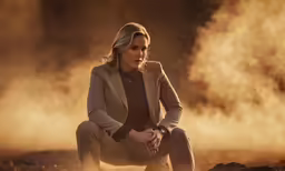 a woman posing for a picture in the desert with smoke and fog behind her