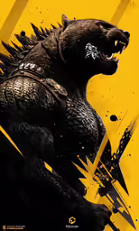 godzilla in yellow, black and white with a yellow background