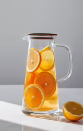 sliced oranges are next to a pitcher of iced tea