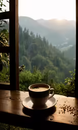 a cup of coffee sits on top of a wooden table