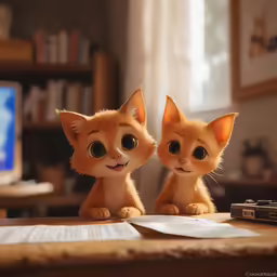 there are two little kittens sitting at the desk