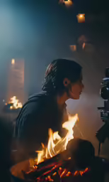 a woman standing over a fire in a kitchen