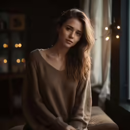a woman sits on a couch next to a window